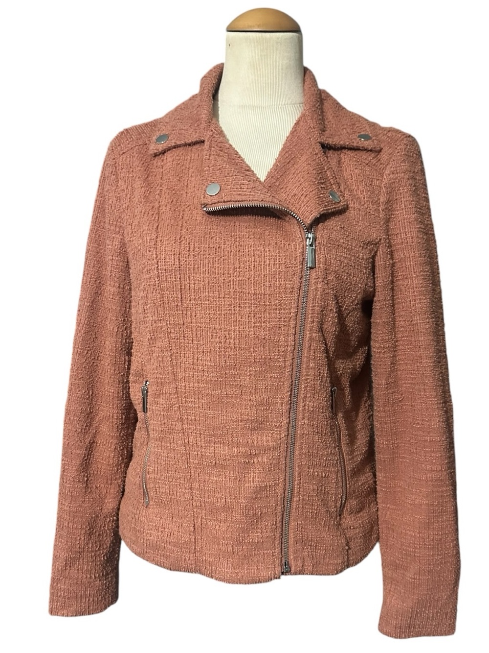 Nine West Textured Knit Moto Jacket Rust Brown Size Medium